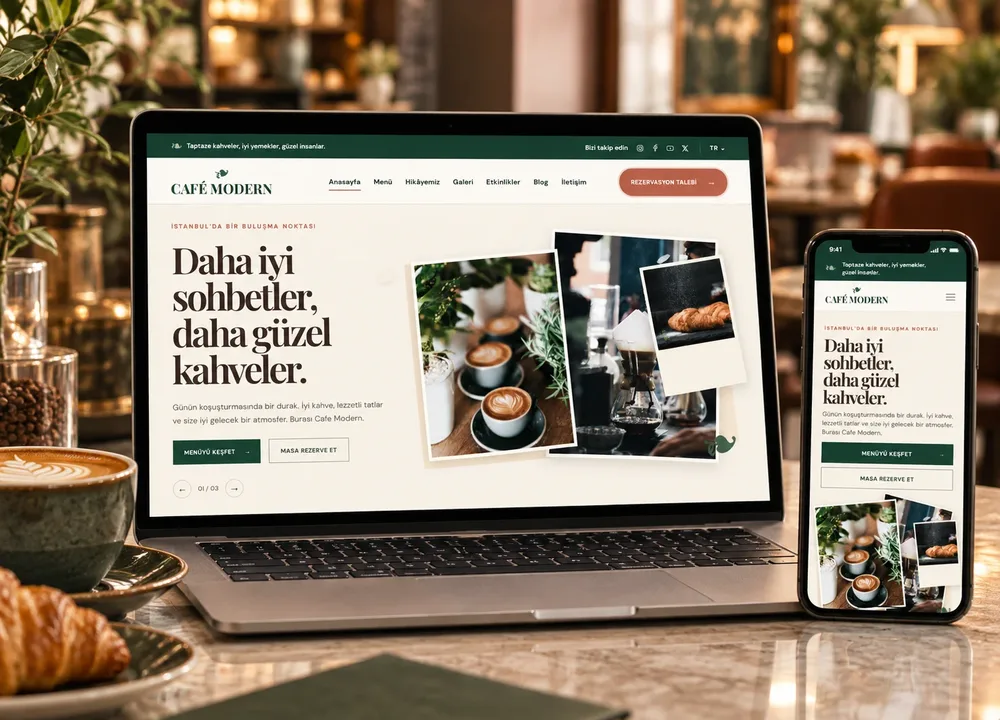 Cafe Modern laptop ve telefon önizlemesi