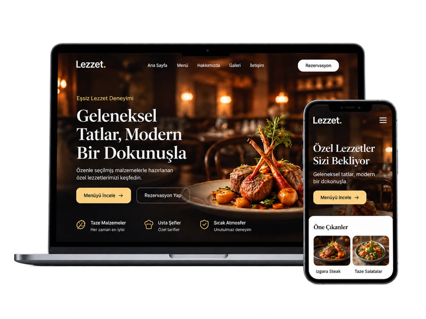FumeSoft restoran web sitesinin laptop ve telefon üzerindeki önizlemesi